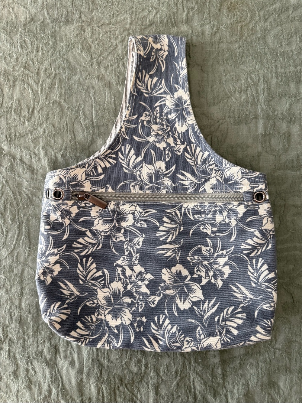 Floral Print Navy and White Canvas Hand Bag